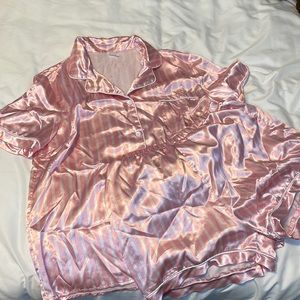 Pink and white satin pajama set